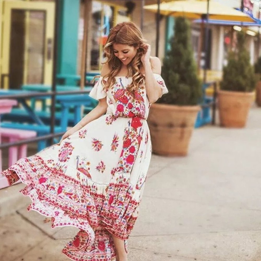 BOHO Off Shoulder Floral Print Maxi Gypsy Dress - Picture 2 of 10
